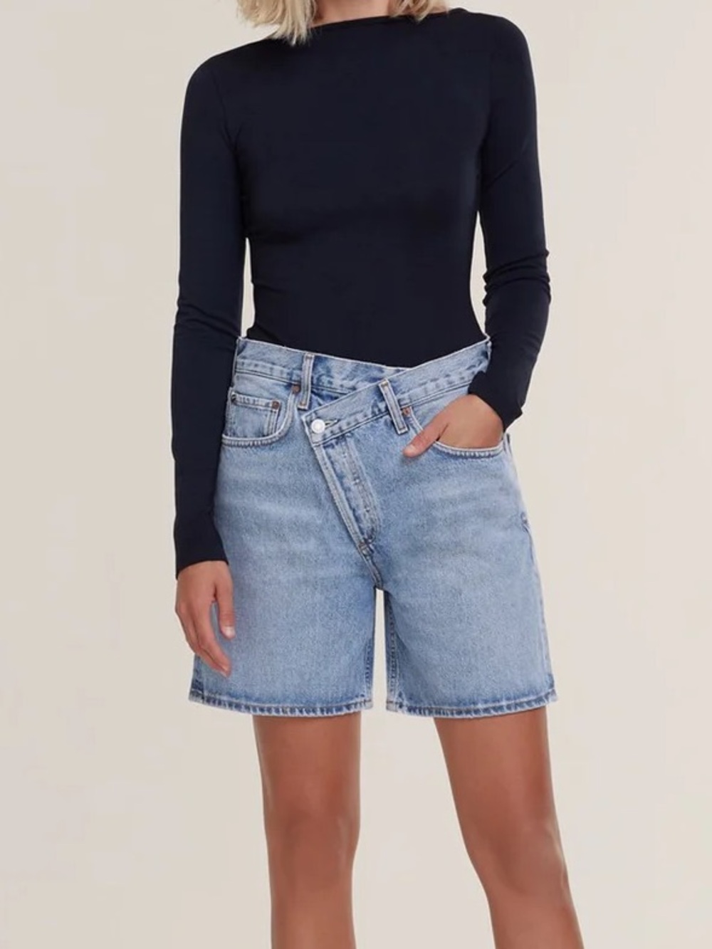 Agolde Light Blue Asymmetrical Waist Denim Jean Shorts